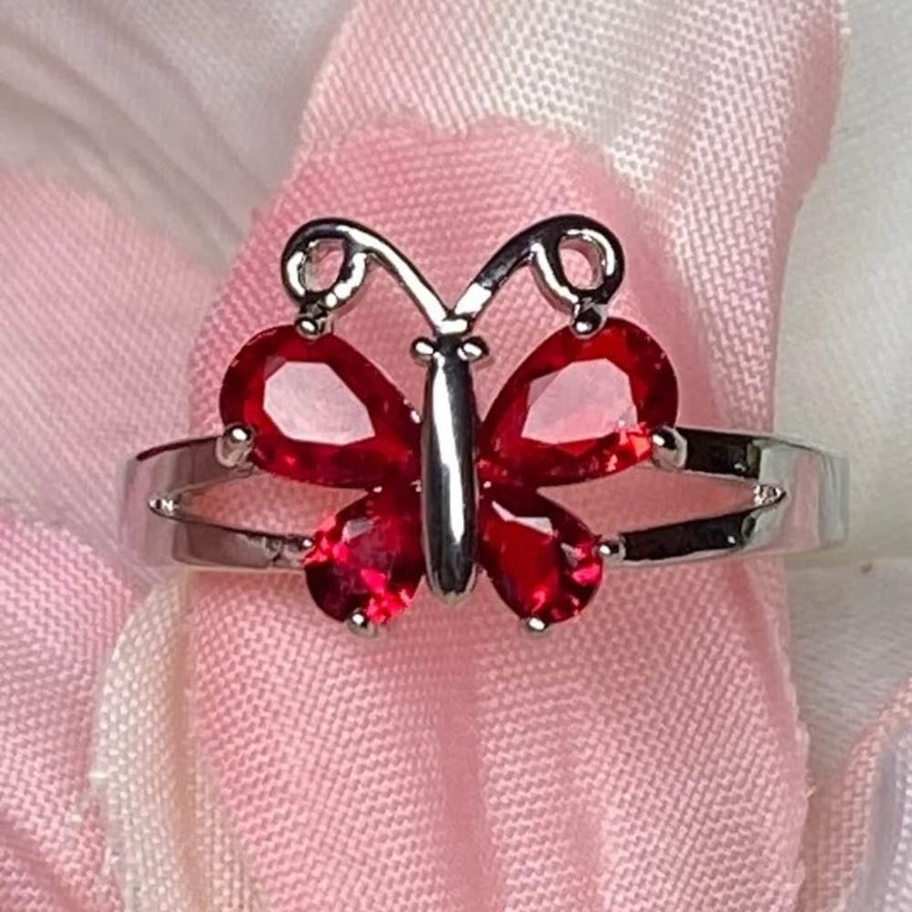 New! Silver/red ruby butterfly ring size 6
